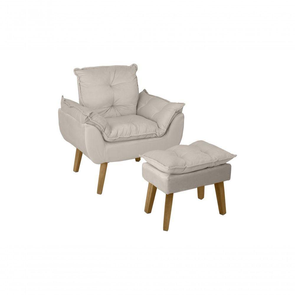 Kit 02 Poltrona-cadeira Decorativa E Puff Opala Bege Claro Com Pés Quadrado - 6