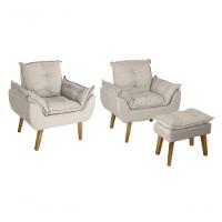 Kit 02 Poltrona-cadeira Decorativa E Puff Opala Bege Claro Com Pés Quadrado - 1