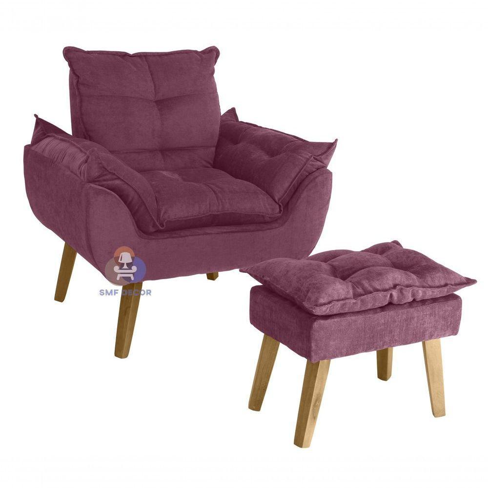 Poltrona-cadeira Decorativa Opala E Puff Opala Bordô-vinho Com Pés Quadrado - 1