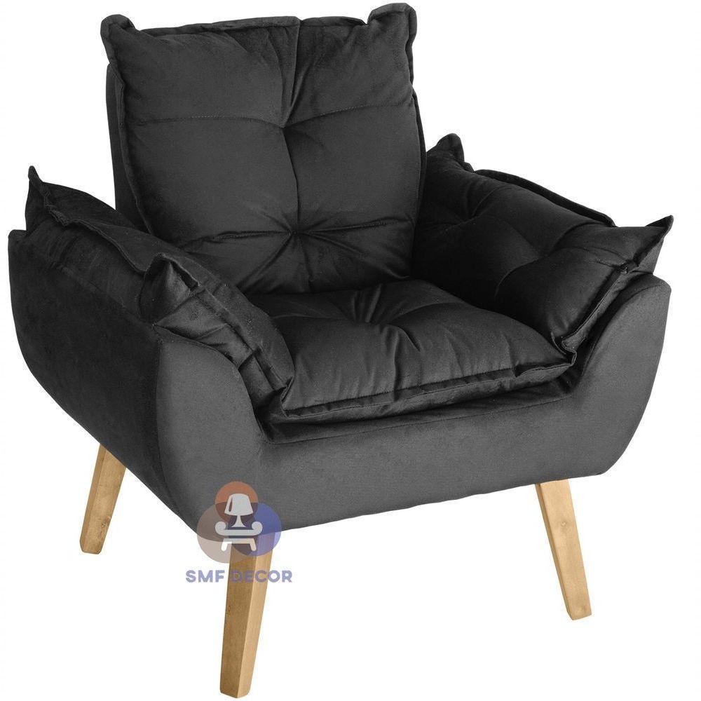 Poltrona Decorativa Opala E Puff Opala Preto Com Pés Quadrado - 6