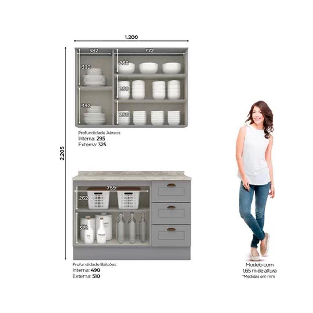 Cozinha Completa Americana (1 Aéreo, 1 Balcão, 1 Complemento) 3 Peças Cinza - Henn - 3