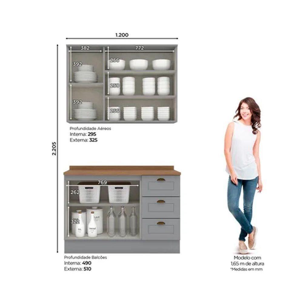 Cozinha Completa Americana (1 Aéreo, 1 Balcão, 1 Complemento) 3 Peças Cinza - Henn - 4