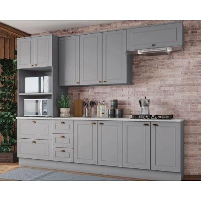 Cozinha Completa Americana Kit 7 Portas 5 Gavetas MDF 120cm Cinza com Paneleiro e Aéreos