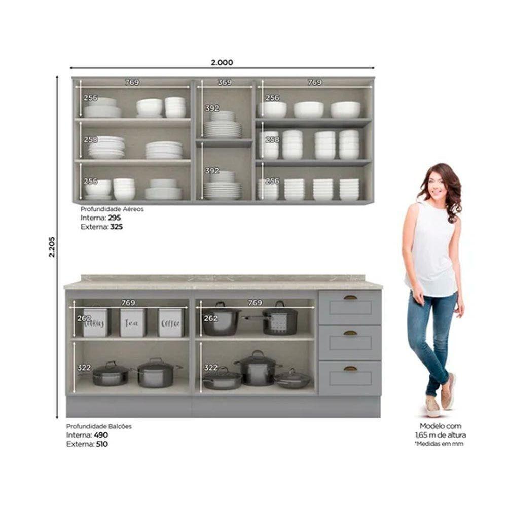 Cozinha Completa Americana (2 Aéreos, 2 Balcões, 2 Complementos) 6 Peças Cinza - Henn - 6