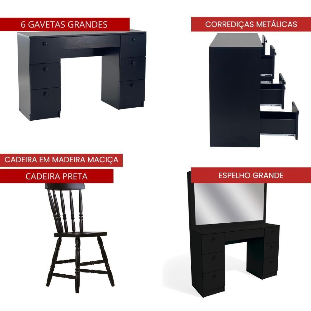 Penteadeira Ditália 7 Gavetas Com Cadeira Pe-80 Preto - 5