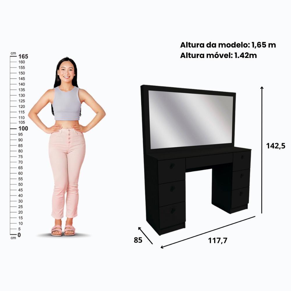 Penteadeira Ditália 7 Gavetas Com Cadeira Pe-80 Preto - 6