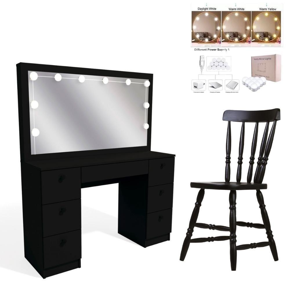 Penteadeira Ditália 7gavetas C/cadeira + Kit Luz Pe-80 Preto - 1