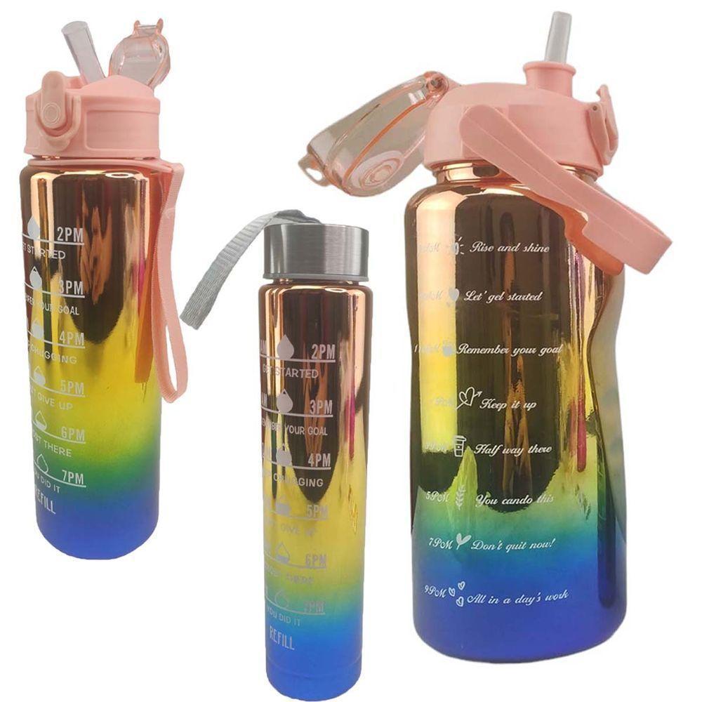Garrafa Motivacional Metalizada Kit 3 Uni Squeeze Agua Cha Suco Viagem Passeio Academia Treino - 1