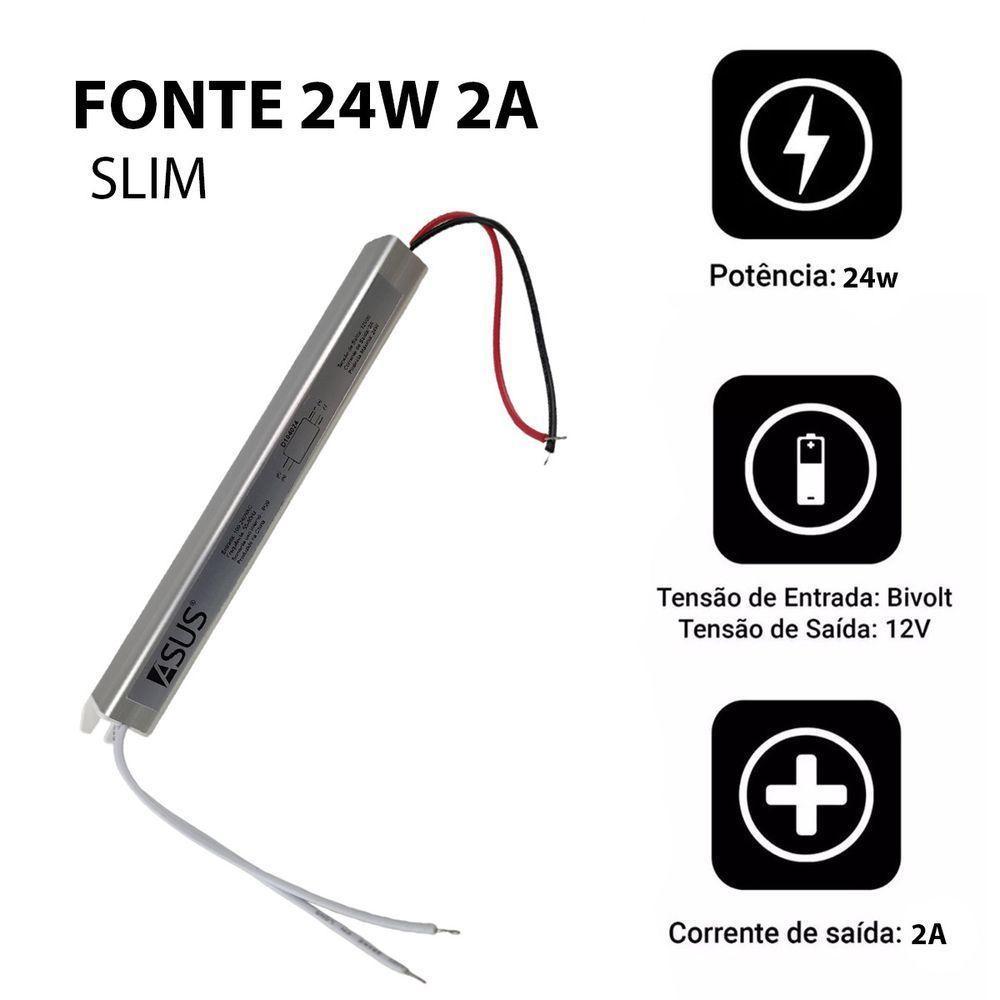 Fonte Slim Drive Bivolt 24w 12v 2a Perfil Fita Led Lustre Luminaria Ip20 Resistente - 2