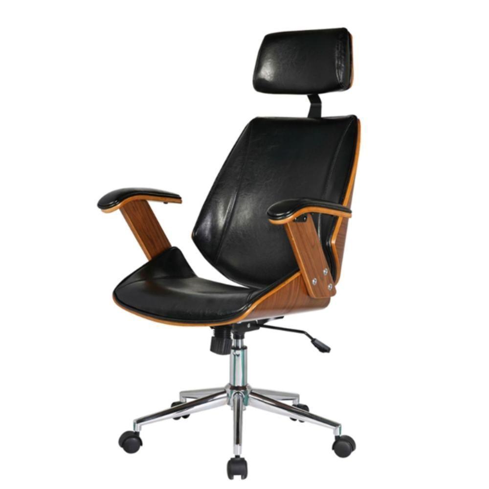 Cadeira Giratória Lisboa Bergen Rivatti C/ Encosto De Cabeça Madeira Laminada Pu Preto Base Rodízio - 1