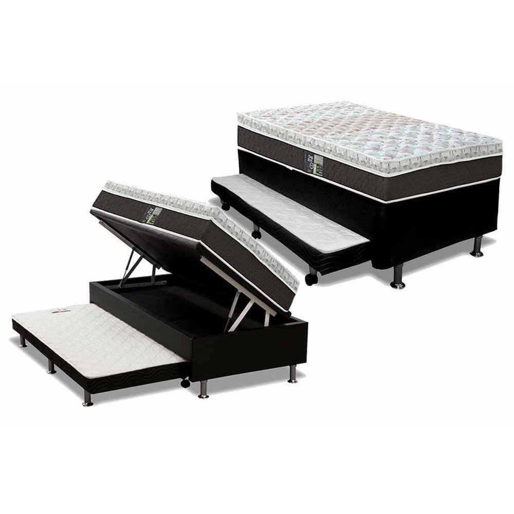 Cama Box Baú c/Auxiliar Solteiro: Colchão Molas Castor Pocket Class Híbrido + Base CRC Courano Black(88x188) - 1