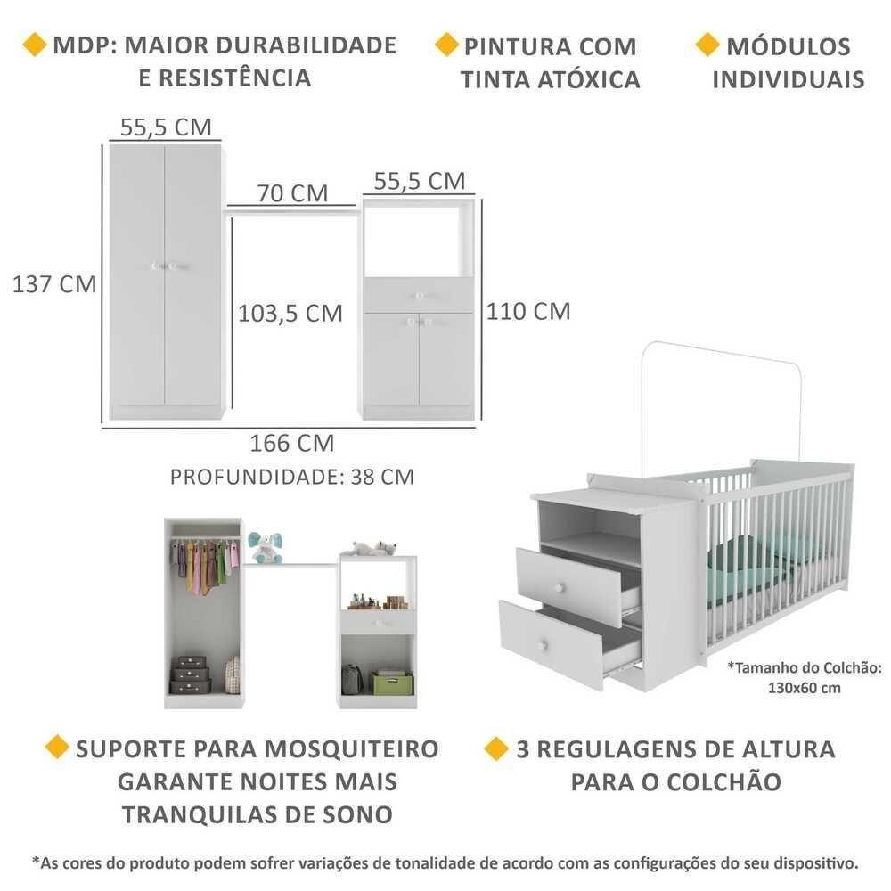 Quarto Infantil Com Berço Cômoda Olívia Branco - 6