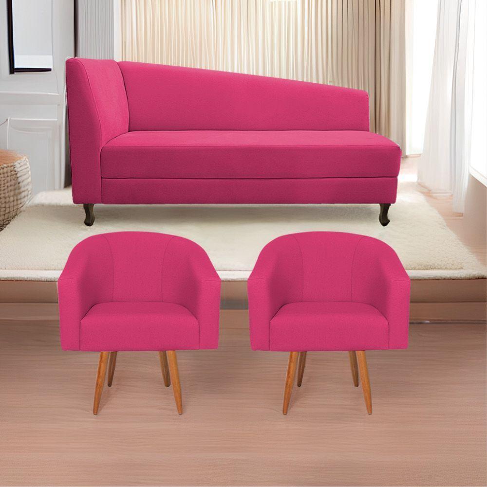 Kit Diva Recamier Heitor 140Cm Lado Direito E 02 Poltronas Luiza Suede - Amarena Móveis Pink - 1