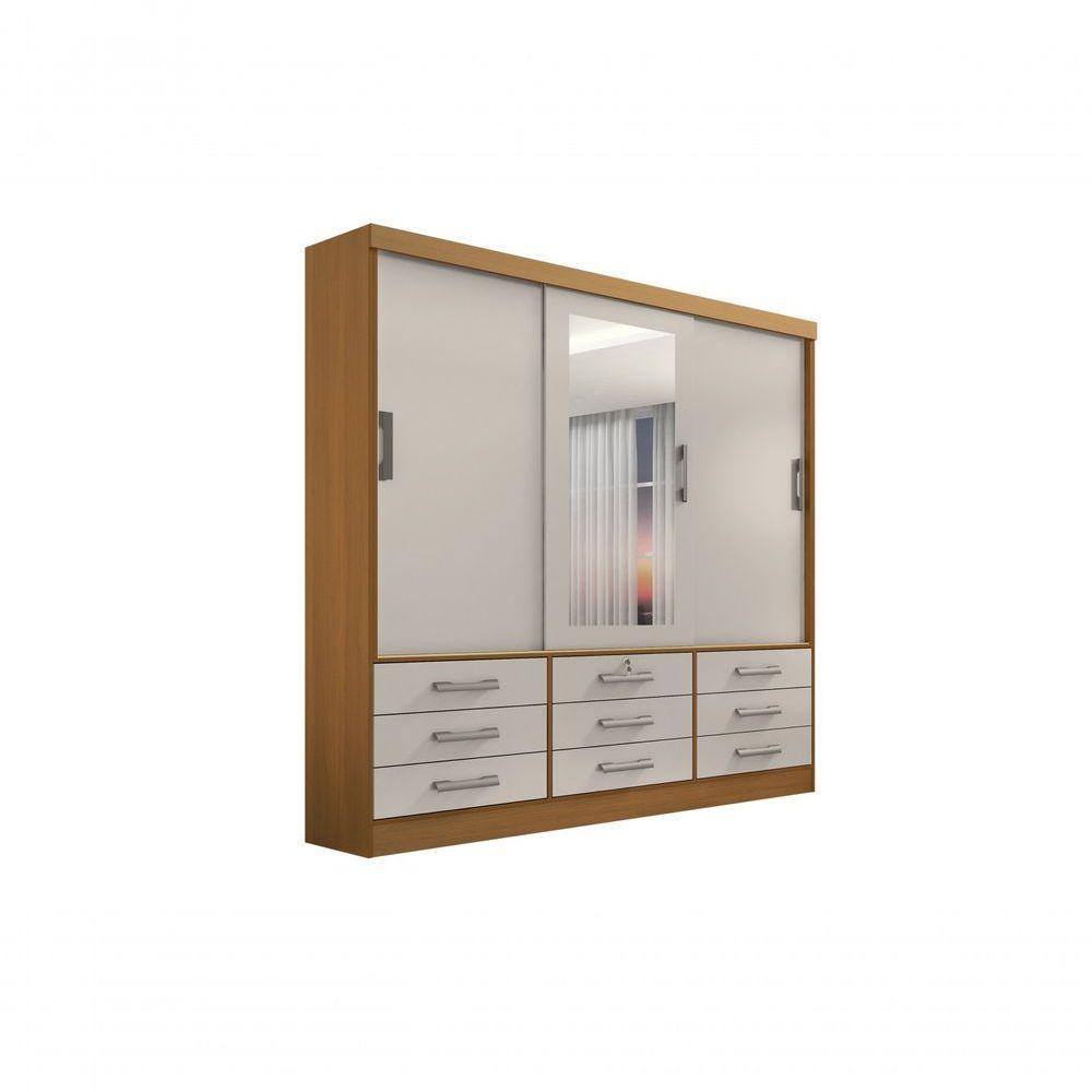 Guarda-Roupa 3 Portas 9 Gavetas C/Espelho Cinamomo/Off White - 1