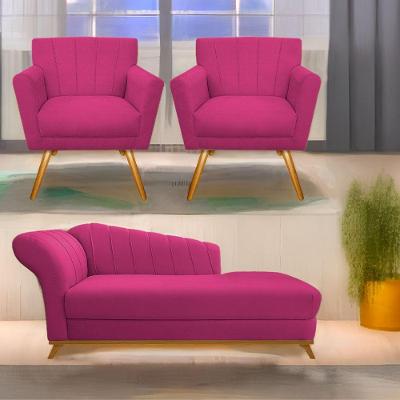 Kit Diva Recamier Vanessa 185Cm Lado Direito E 02 Poltronas Laura Suede Cor Pink
