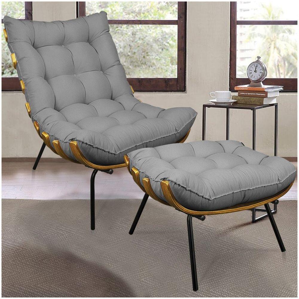 Kit 01 Poltrona E 01 Puff Costela Linho Grafite A26 Base De Metal - D'Rossi - 4