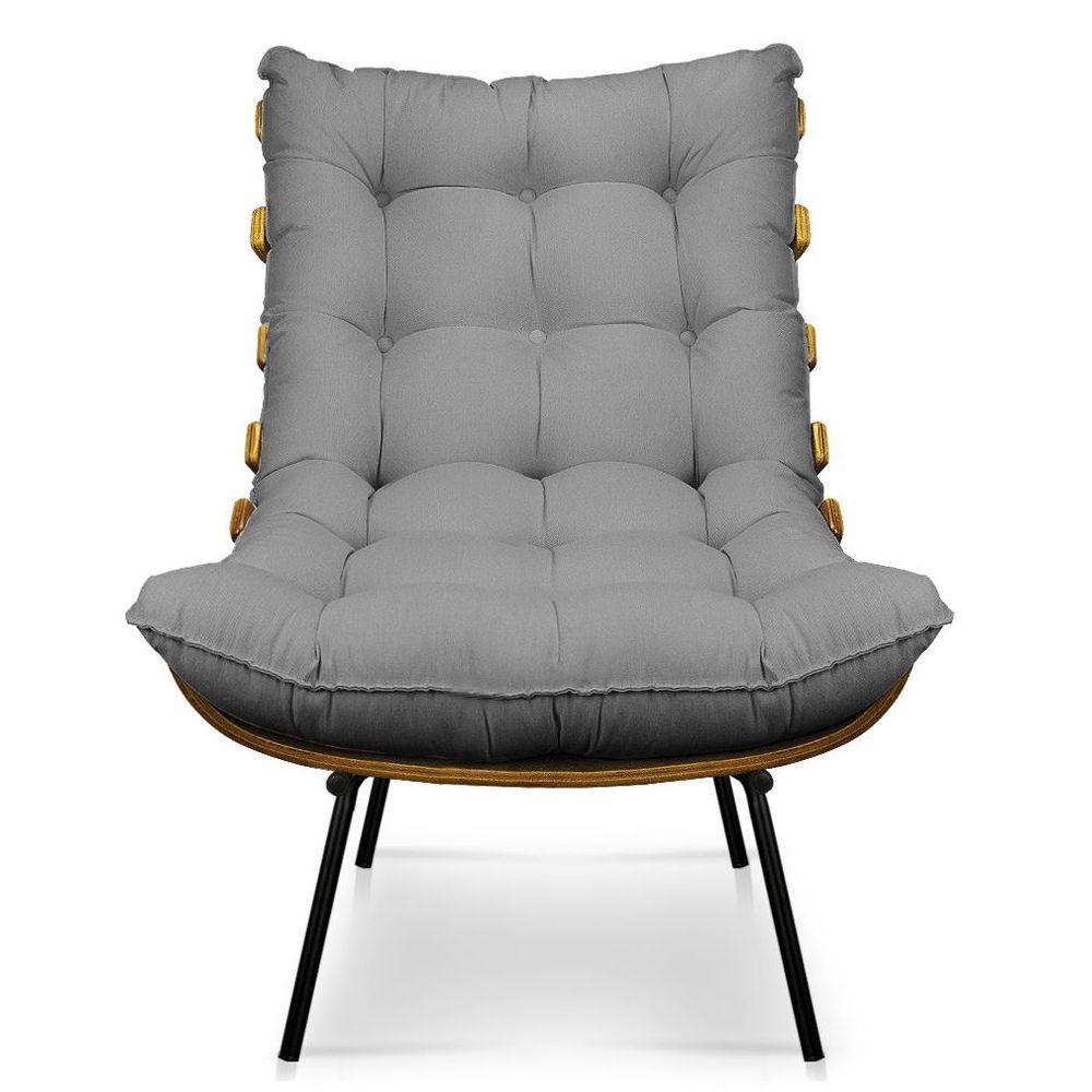 Kit 01 Poltrona E 01 Puff Costela Linho Grafite A26 Base De Metal - D'Rossi - 8