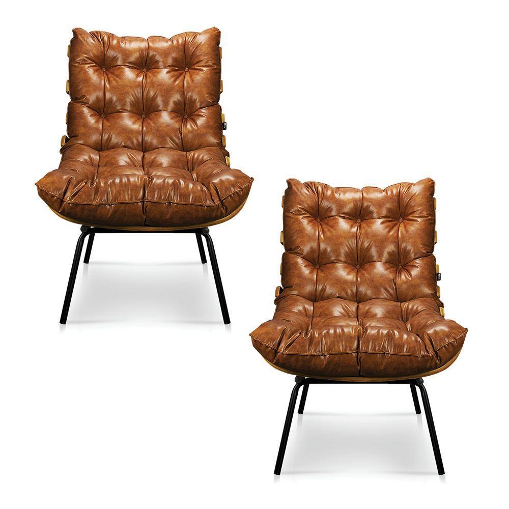 Kit 02 Poltronas Costela Corano Nozes Base Metal - 1