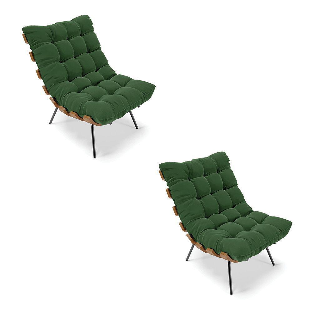 Kit 02 Poltronas Costela Suede Base Metálica Preto Verde - 1