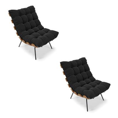 Kit 02 Poltronas Costela Suede Preto Base Metálica Preto
