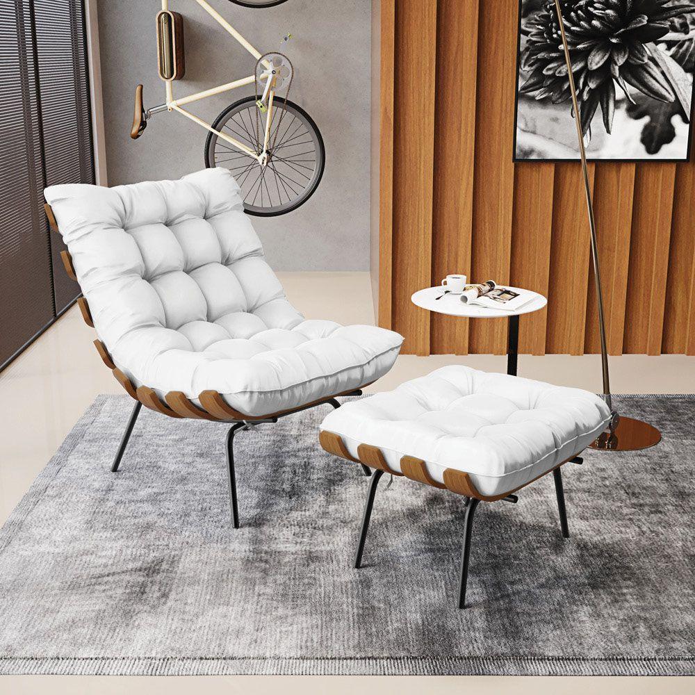 Kit 01 Poltrona E 01 Puff Costela Corino Branco - 8