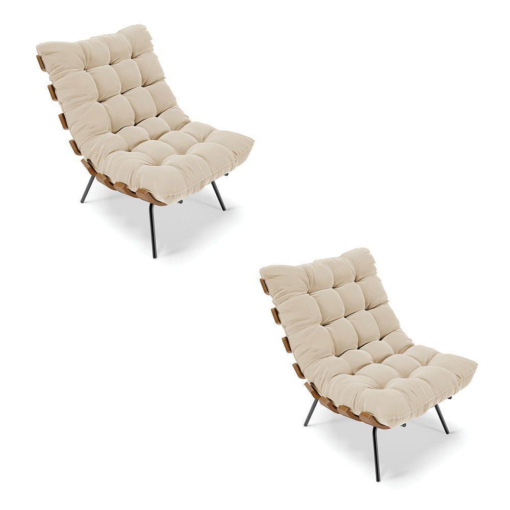 Kit 02 Poltronas Costela Suede Base Metálica Preto Bege - 1