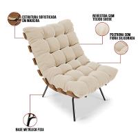 Kit 02 Poltronas Costela Suede Base Metálica Preto Bege