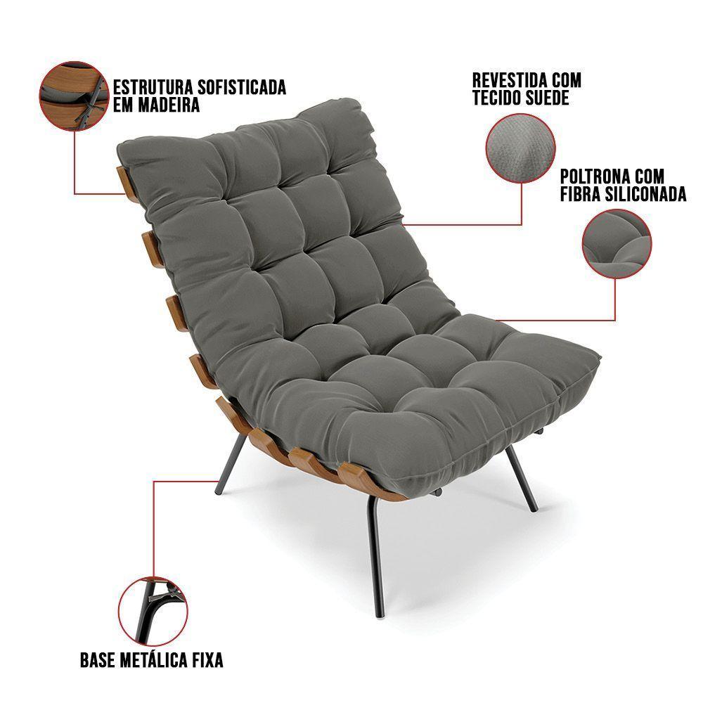 Kit 02 Poltronas Costela Suede Base Metálica Preto Grafite - 3