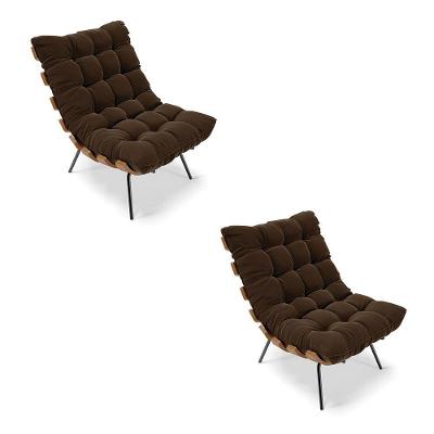 Kit 02 Poltronas Costela Suede Base Metálica Preto Marrom