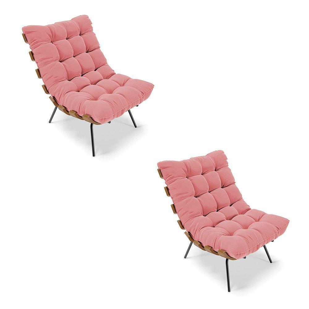 Kit 02 Poltronas Costela Suede Base Metálica Preto Rose - 1
