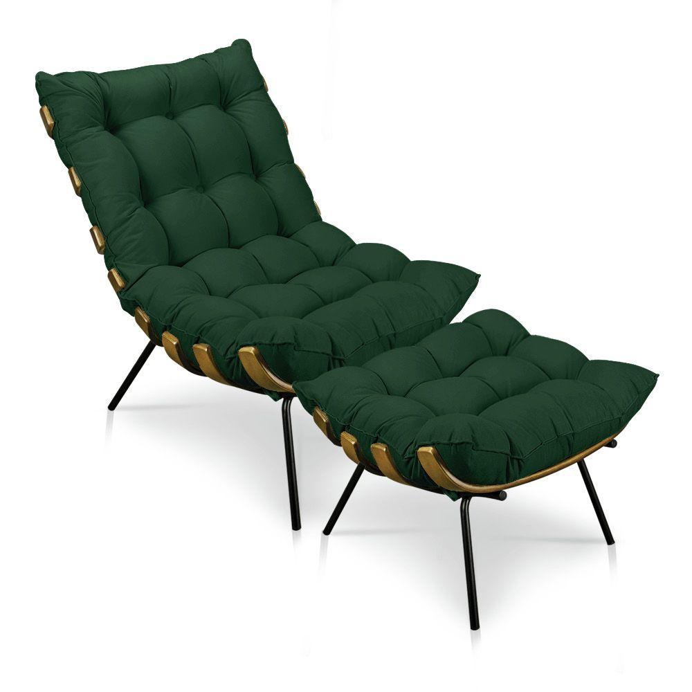 Kit Poltrona e Puff Costela Suede Verde Base Metal Drossi - 1