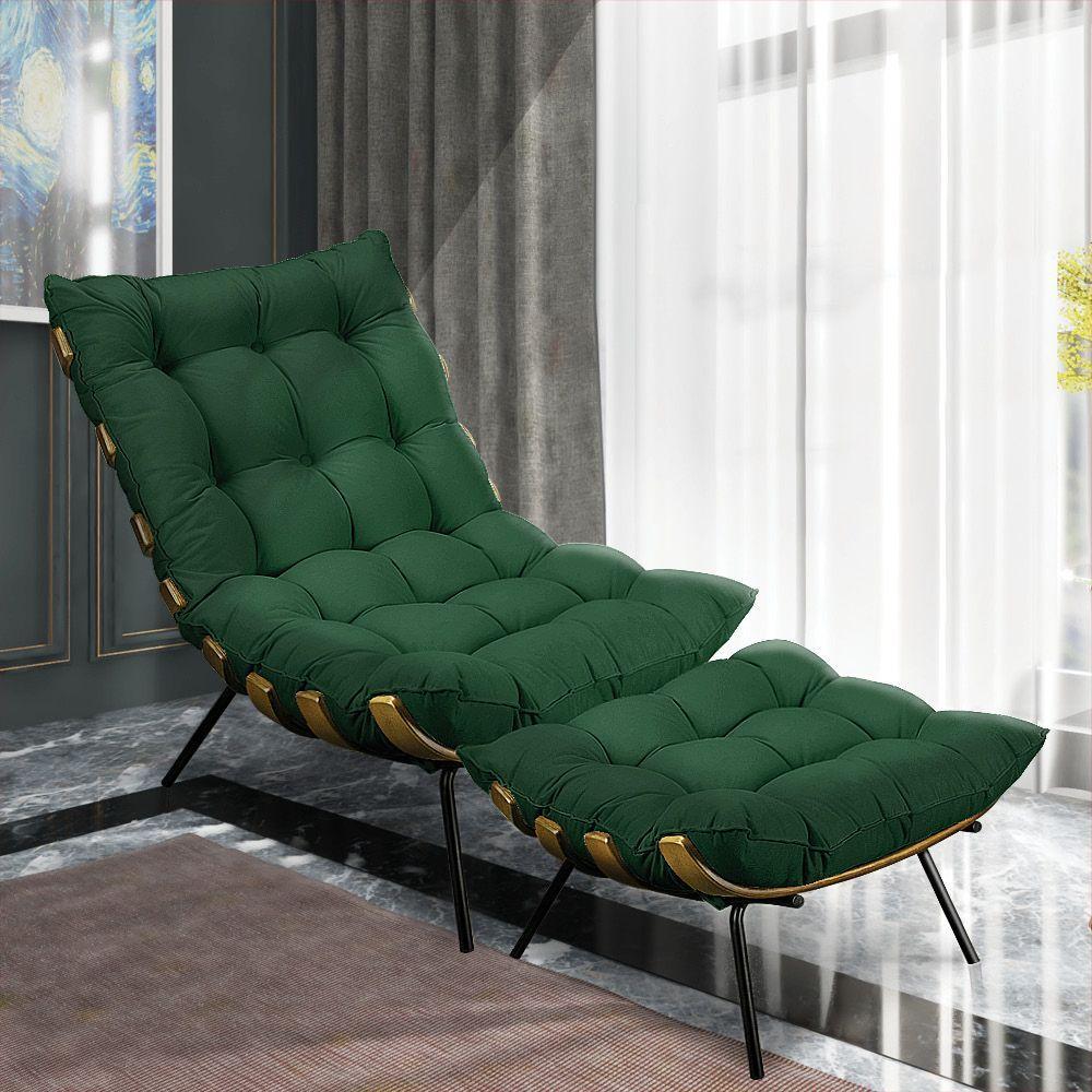 Kit Poltrona e Puff Costela Suede Verde Base Metal Drossi - 2