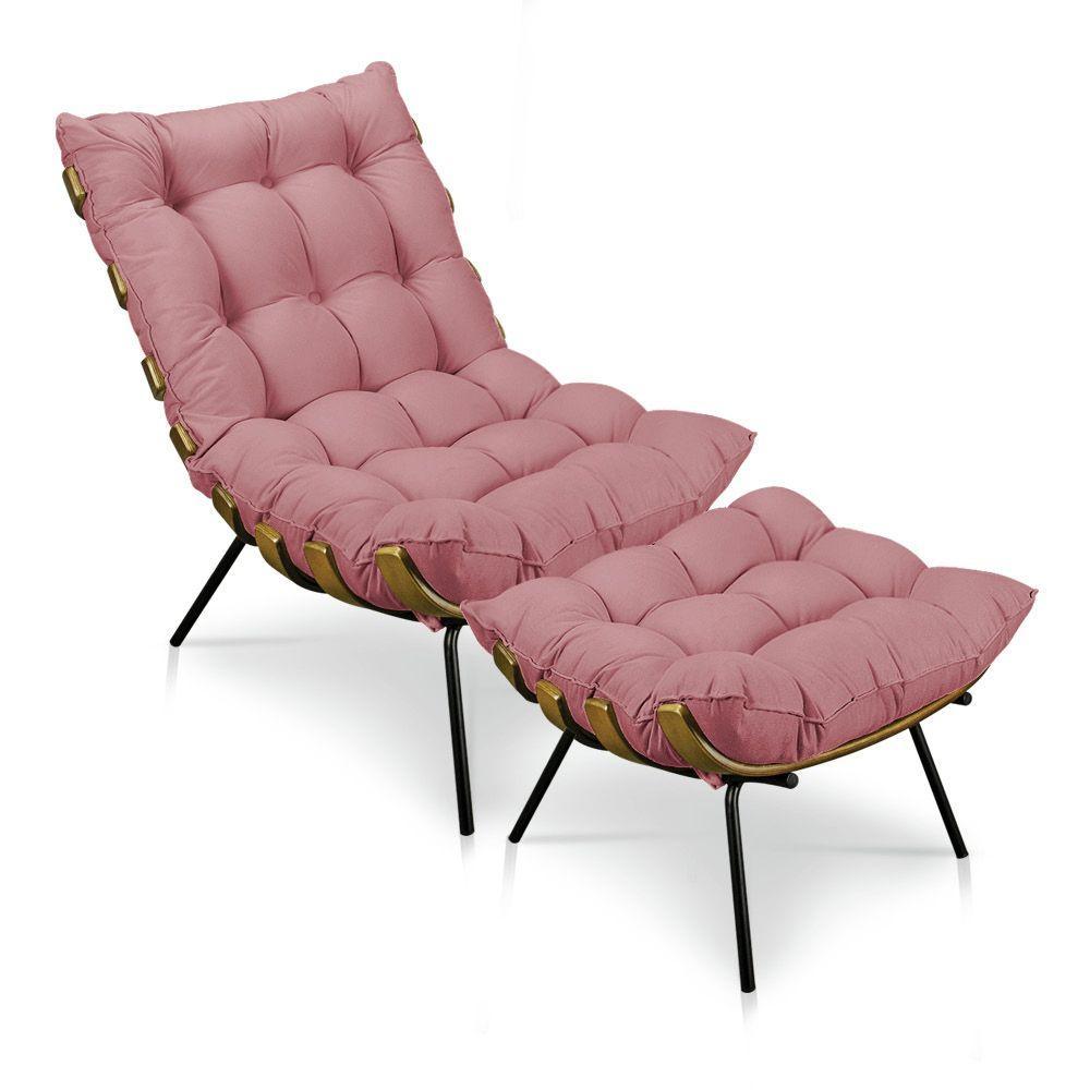 Kit Poltrona e Puff Costela Suede Rose Base Meta Drossi - 1