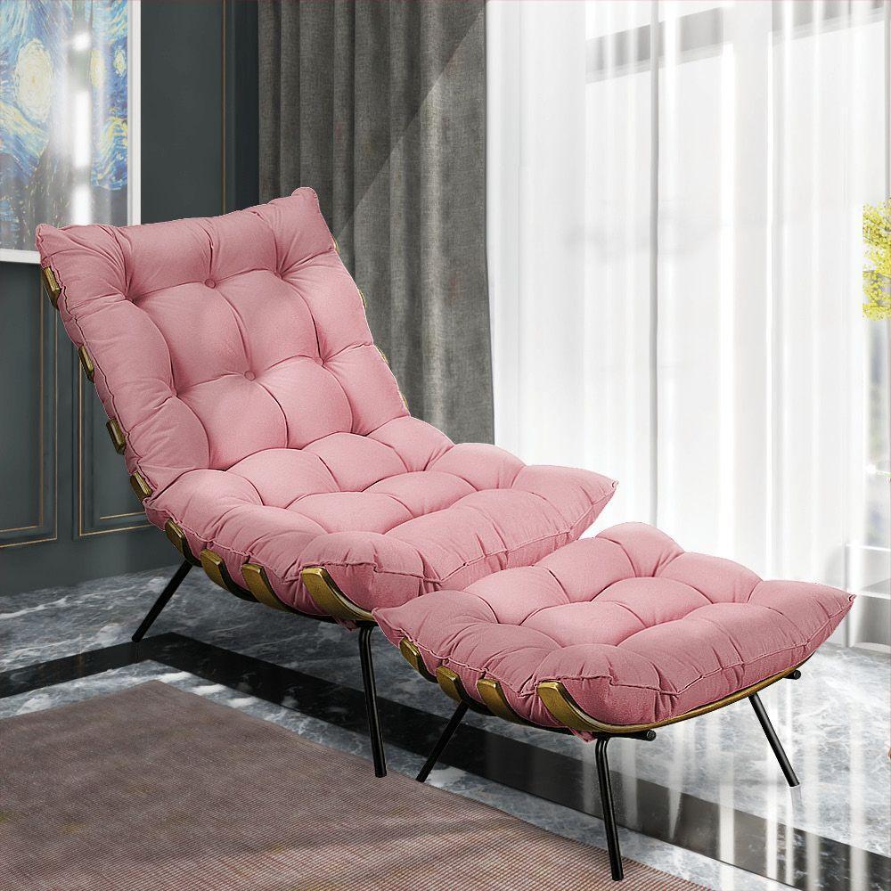 Kit Poltrona e Puff Costela Suede Rose Base Meta Drossi - 2