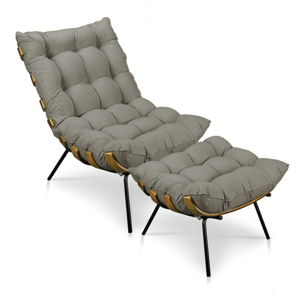 Kit Poltrona e Puff Costela Suede Marrom Rato Base Metal - 1