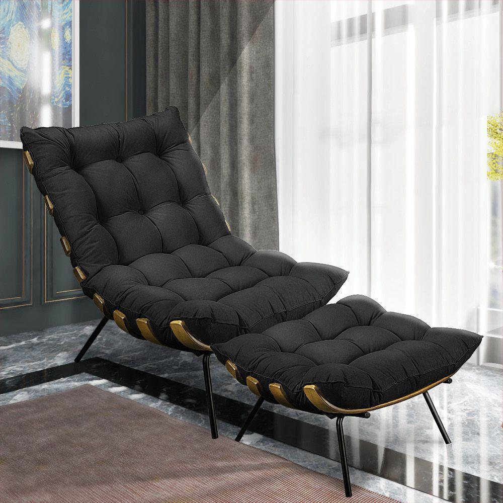 Kit Poltrona e Puff Costela Suede Preto Base Metal Drossi - 4