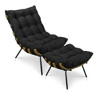 Kit Poltrona e Puff Costela Suede Preto Base Metal Drossi - 1