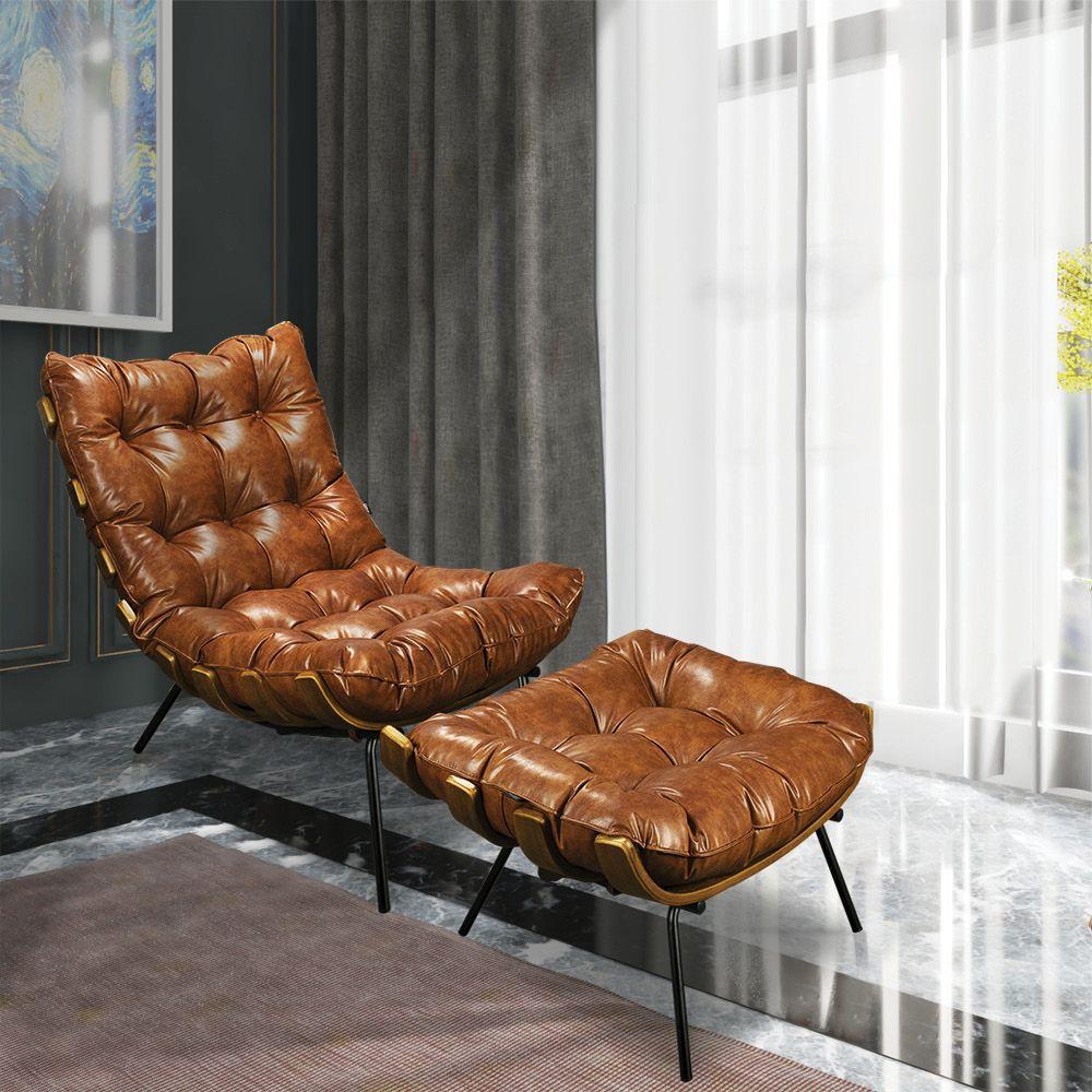 Kit 01 Poltrona E 01 Puff Costela Corano Nozes Base Metal - 2