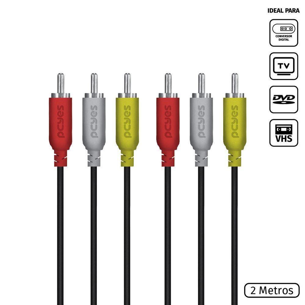 Cabo De Vídeo Composto 3 Rca Macho Para 3 Rca Macho 28awg Puro Cobre 2 Metros - P3r-2 - 2
