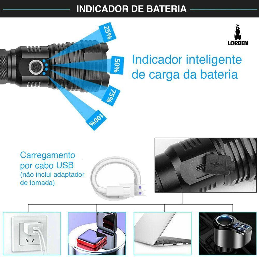Lanterna Tática Led Cree Lorben T9 P50 168000w 327000 Lúmens Zoom 2000x Gt6089 - 8