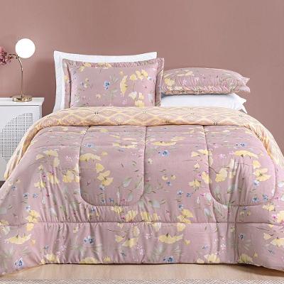 Kit Edredom Dallas Super King Dupla Face Microfibra 3 Peças - Rosê Lavanda Floral