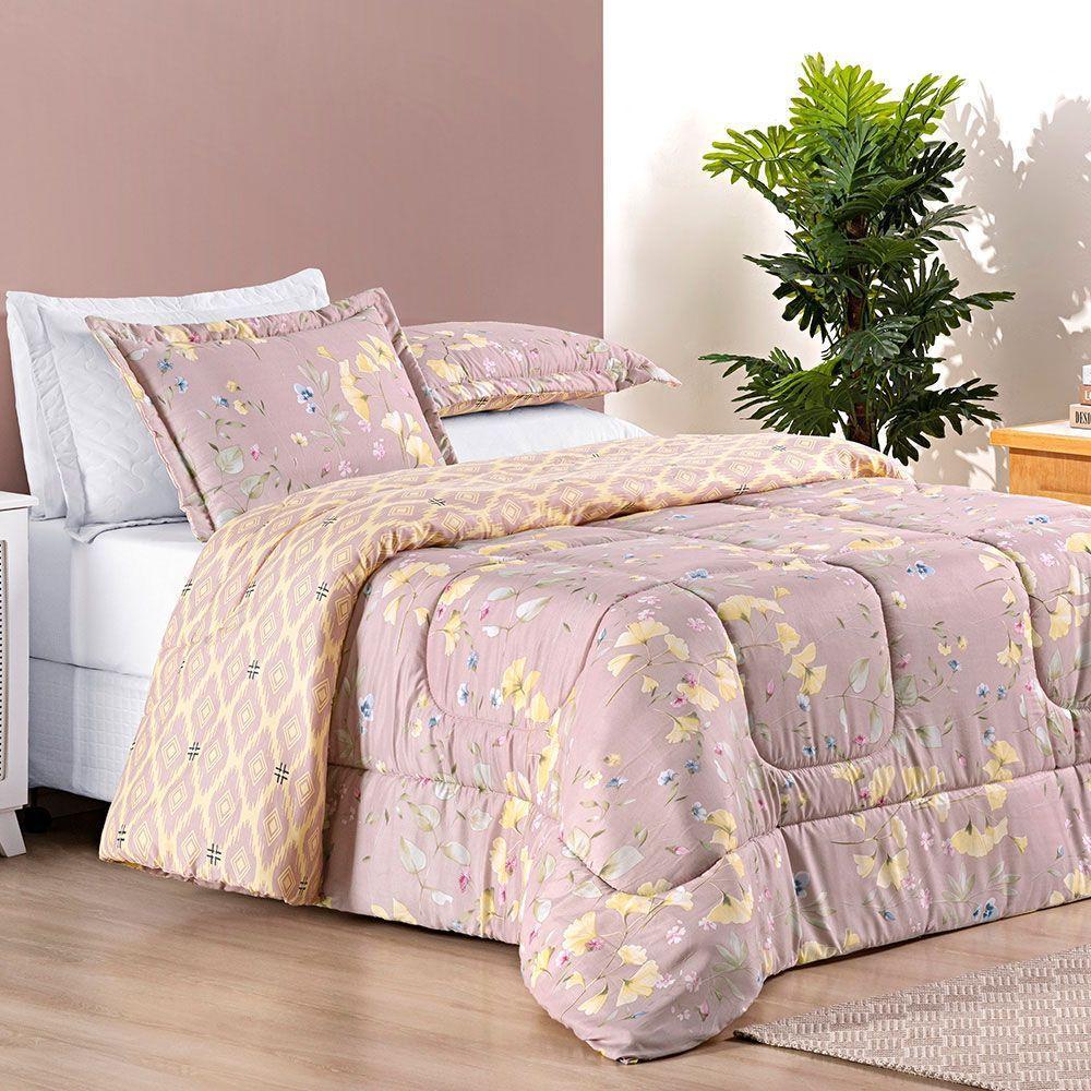 Kit Edredom Dallas King Dupla Face Microfibra 3 Peças - Rosê Lavanda Floral - 3