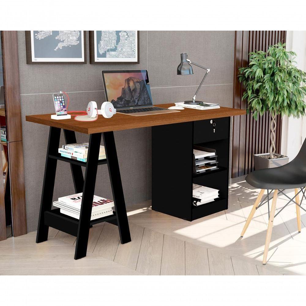 Escrivaninha Com 1 Gaveta Com Chave Valência Canela Preto - 2