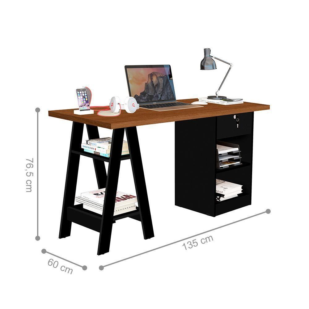 Escrivaninha Com 1 Gaveta Com Chave Valência Canela Preto - 3