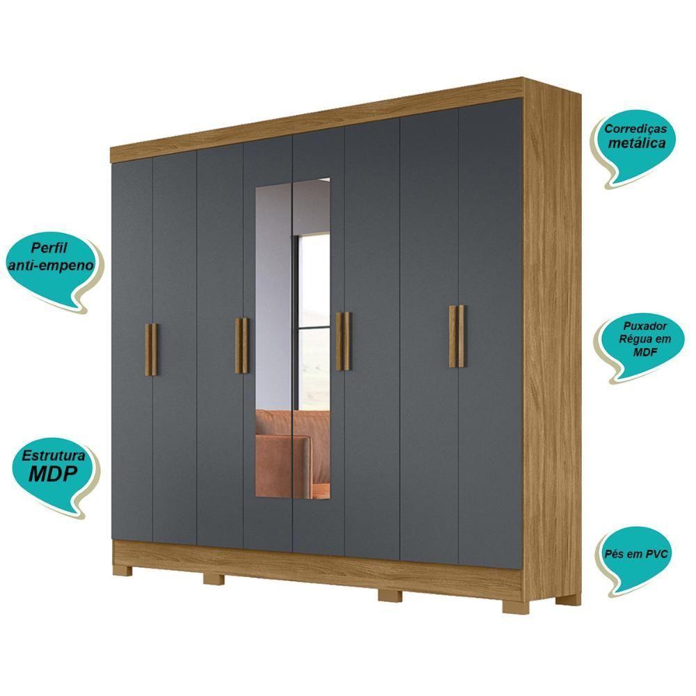 Guarda Roupa Casal Com 8 Portas Com Espelho 4 Gavetas Freijo / Cinza Diplomata - Moval - 6