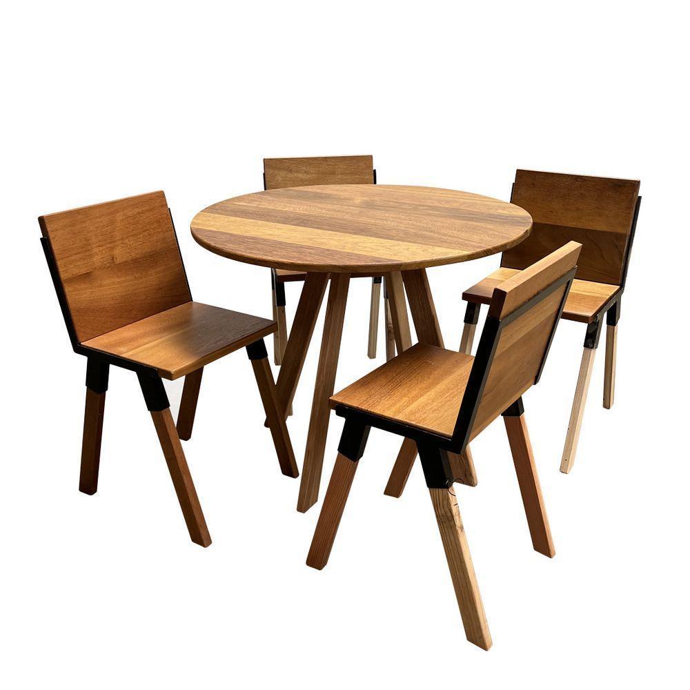 Conjunto De Mesa Eiffel Industrial 90 Cm Com 4 Cadeiras Detroit Madeira Maciça Natural E Ferro Preto Marrom - 1
