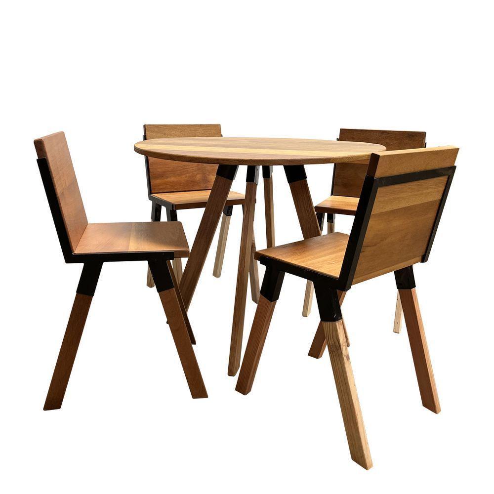 Conjunto De Mesa Eiffel Industrial 90 Cm Com 4 Cadeiras Detroit Madeira Maciça Natural E Ferro Preto Marrom - 4