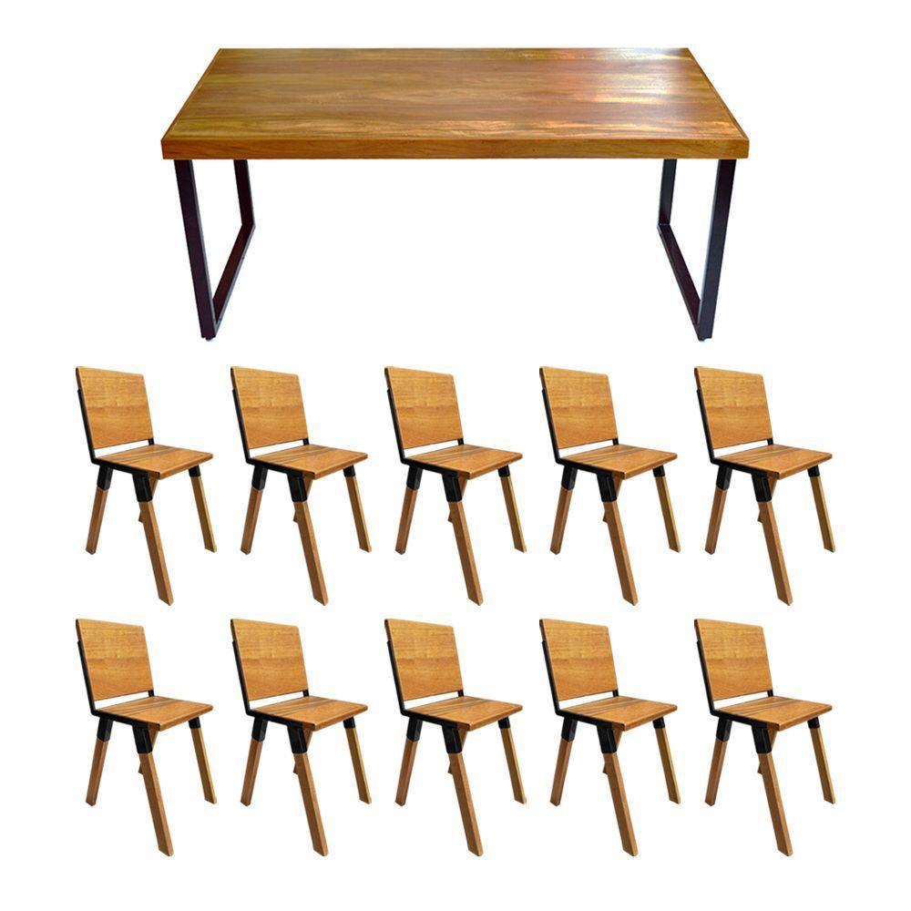 Conjunto Mesa Industrial Bernardo Madeira Maciça 2,50mx100cm C- Ferragem Preta E 10 Cadeiras Detroit Marrom - 1
