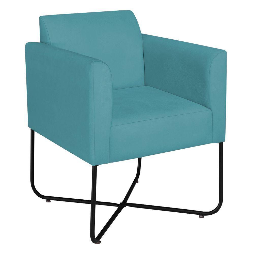 Kit 02 Poltronas Decorativas Andréia Base X Preta Suede Cor Azul Turquesa - 2