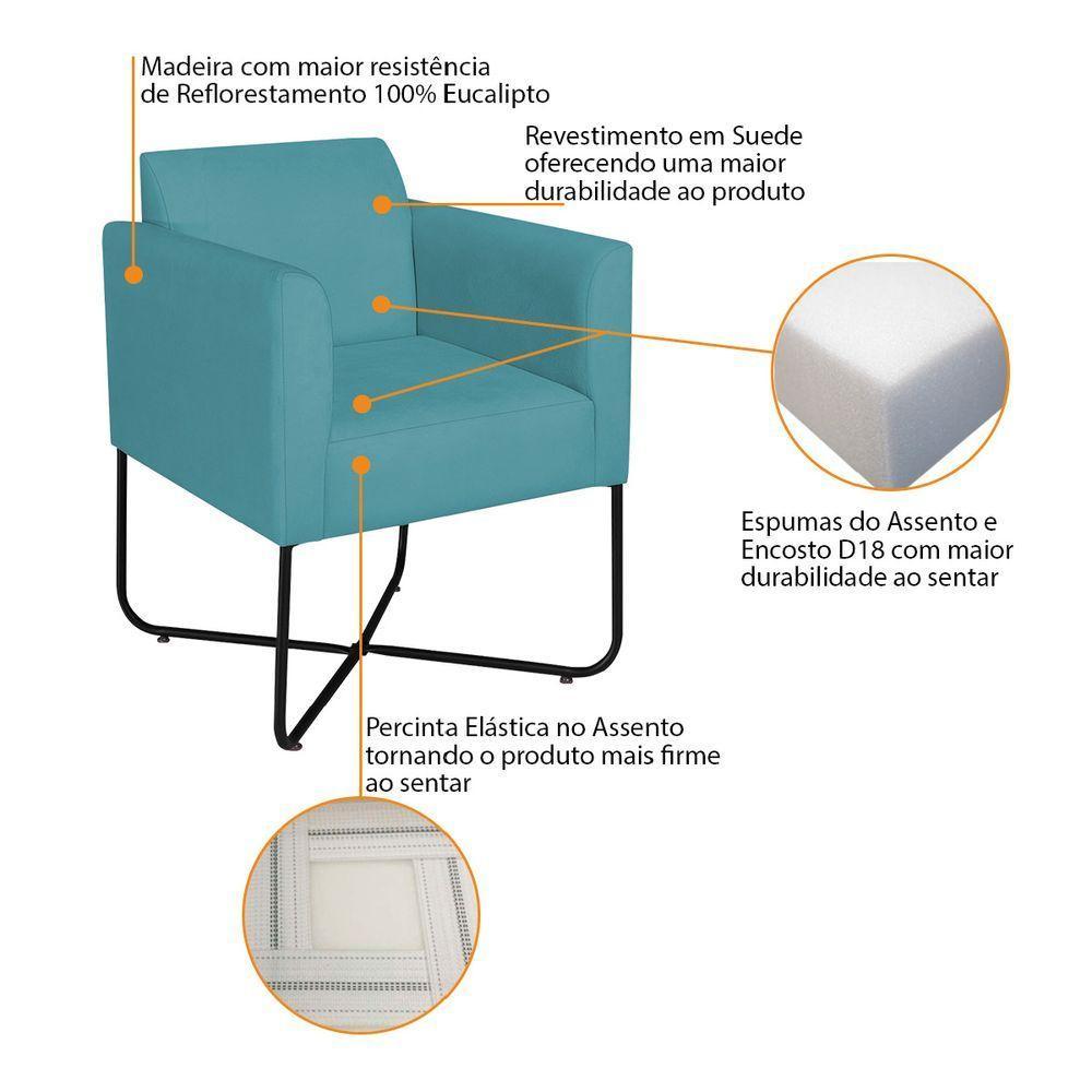 Kit 02 Poltronas Decorativas Andréia Base X Preta Suede Cor Azul Turquesa - 5
